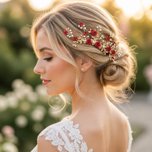 Red Flower Hair Comb Gold Rose Crystal Bridal Side Combs Floral Rhinestone Pearl Combs Vintage Decorative Crystal Emerald Headpiece Wedding Sparkly Hair Accessory for Women