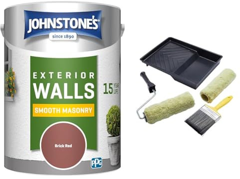 Johnstone's, Exterior Smooth Masonry Paint, Brick Red, Up to 15 Years Protection, Weather & Dirt & ProDec PRRT028 5 piece Twin Masonry Paint Roller, Frame, 4 Brush and Tray Set