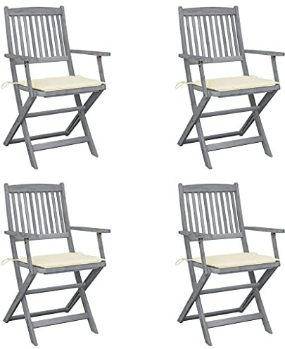 ZEYUAN Klappbare Gartenstühle 4 STK. mit SitzKissen, Gartenmöbel, Balkonstühle, Hochlehner, Balkonmöbel, Bistrostuhl, Balkonset, Garten Stühle, Armlehnenstuhl, Massivholz Akazie