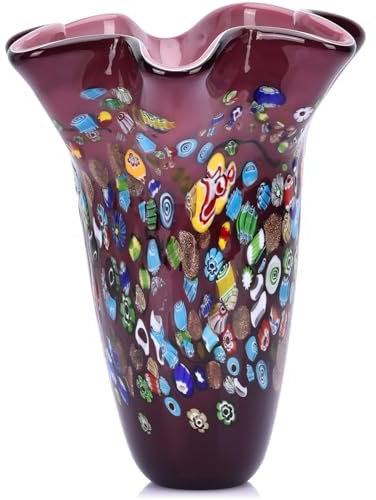 Vase soufflé à la main pour fleurs, vase en verre à motif géométrique violet foncé pour décoration d'intérieur, vases en verre coloré bohème pour table de dîner moderne, centres de table, bureau,