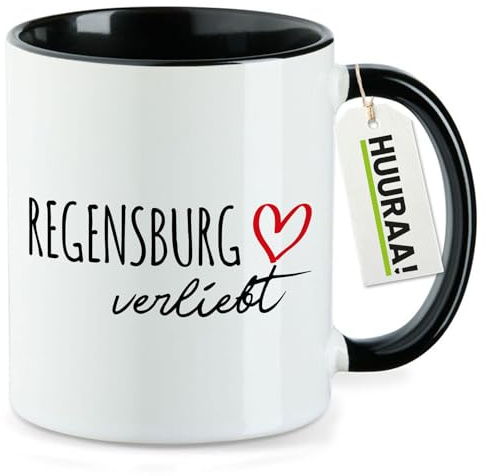 Huuraa Kaffeetasse Regensburg verliebt Geschenk | Motivtasse 330ml Schwarz Keramik Tasse mit Spruch Kaffeebecher Geschenkidee Becher mit Motiv