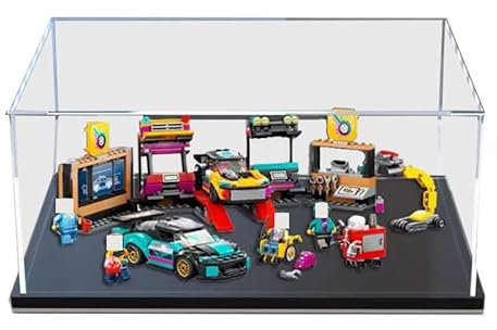 HCAEIOFJ Lego City 60389 Vitrine en acrylique transparent pour voiture, garage, boîte de présentation pour jouets, cadeau (vitrine uniquement) (fond noir)