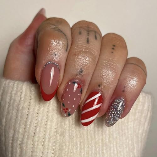 DMQ Christmas French Stick on Nails, 24Pcs Glitter Christmas Nail Tips Short Ellipses French Fake Nails Press on Nails for Women Girls Nail Art False Nails