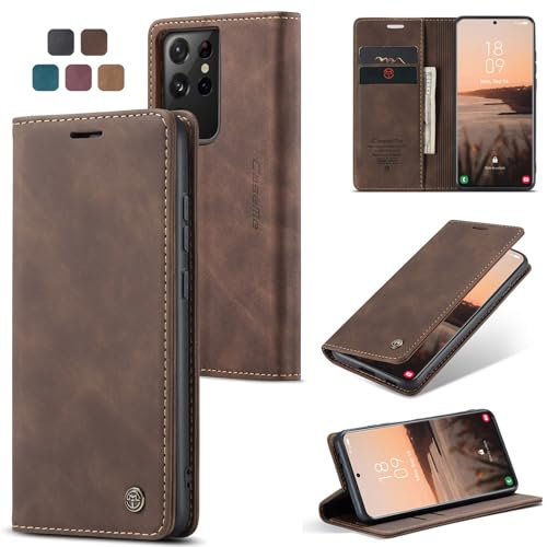 owlhold Hülle Samsung Galaxy S21 Ultra Handyhülle Premium Lederhülle Weiches Vintage-Nubukleder Faltbare Ständer Schutzhülle Kartenfach Standfunktion klapphülle Samsung Galaxy S21 Ultra 5G -Kaffee