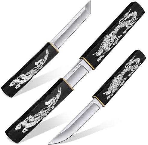 Purple Dragon 2-in-1 Doppelmesser Outdoor, Japanisches Tanto Messer mit Scheide, D2 Stahl Outdoor Survival Messer mit Holzgriff, Jagdmesser für Camping, Bushcraft, Geschenke füR Männer, Schwarz
