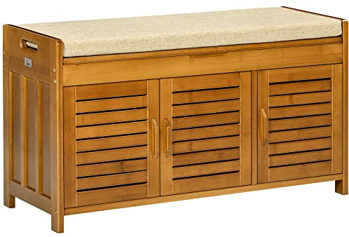 HOMCOM Schuhbank, Schuhschrank, Eingangsbank, aus Bambus, mit 3 Schränken, Sitzkissen und verstecktem Fach, für Flur, Schlafzimmer, 89,6 x 32 x 49 cm, Braun