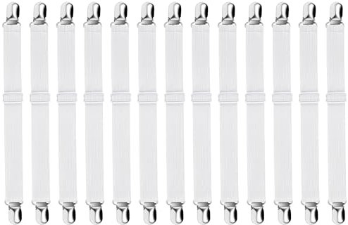 YTIan 12 Stück Bettlakenspanner Verstellbar, Lakenspanner mit Metallclips,Spannbettlaken Spanner für Bettlaken, Matratzenspanner für Bettlaken, Matratze, Sofa, Bügelbrett(Weiß)
