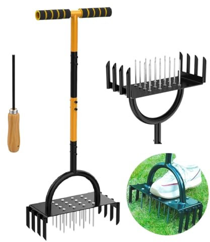 MEKLITRZ Aérateur de pelouse manuel 2 en 1 avec poignée en T scarificateur pour cour, aération de pelouse, outil de jardin, ravive la santé de la pelouse