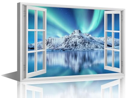 Leinwandbild im Querformat für Wohnzimmer, Heimdekoration, 3D-Fenstereffekt, Poster auf Leinwand, Aurora Borealis, Wanddekorationen für Schlafzimmer, Badezimmer, Büro, gerahmt, fertig zum Aufhängen