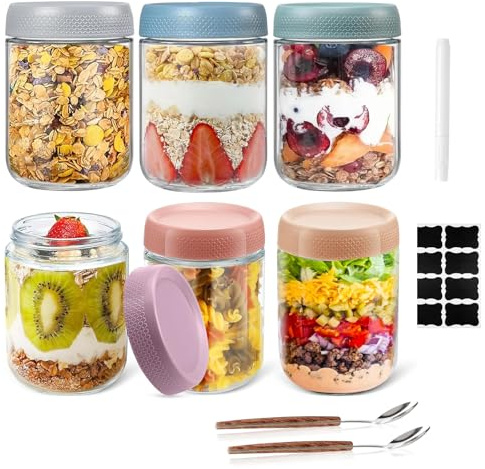 6er Pack Overnight Oats Gläser mit Deckel, 500ml Meal Prep Gläser mit Schraubdeckel, Einmachgläser für Overnight Oats Salat Joghurt Pudding Chutney Marmelade, Gläserss Mason Jar Meal Prep Boxen