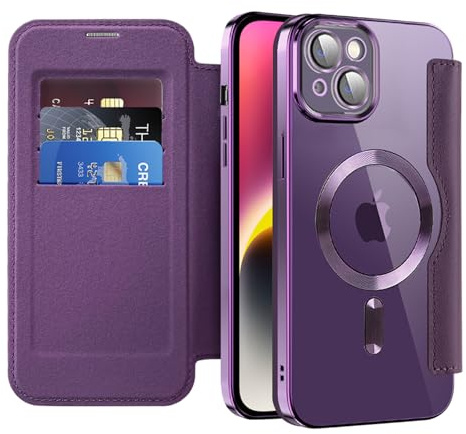 IMEIKONST Flip Wallet Case for iPhone 14 Plus Cover, Purple JDCX | RFID Blocking Card Holder, Camera Lens Protection, Magnetic Transparent TPU Back, Compatible with MagSafe, PU Leather