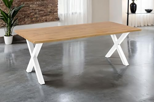 SAM Esstisch Josy | 220 x 100 cm | Holz Wildeiche-Optik | X-Gestell Metall weiß | 40 mm Tischplatte mit Baumkante | Tisch für Esszimmer & Küche