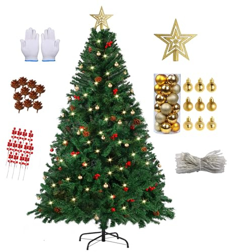 Wivico 6FT Pre-Lit Artificial Xmas Tree Set 180CM Christmas Trees with Decorations Included 1100 Tips & 10m LED Lights & Pine Cones & Baubles & Star Topper - Realistic Home Decor Festive Ready