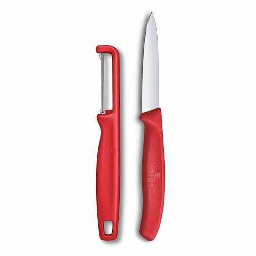 Victorinox Swiss Classic Juego de cuchillos con pelador, para verduras y frutas, 2 piezas, hoja extra afilada, Rojo