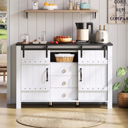 Aparador de cocina multifuncional 120 x 40 x 80, aparador comedor con 3 cajones y 2 puertas correderas, mueble de cocina bajo con gran espacio de almacenamiento, para cocina y comedor (blanco)