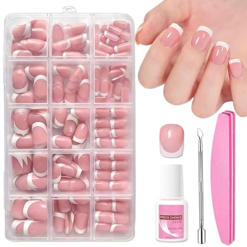 Short Press on Nails Set - 240PCS Short Square False Nails French Tip - French Manicure Fake nails with Glue - Nude Stick on Nails for Women - Long Lasting Acrylic Nail Tips in 15 Sizes DIY Nail Art