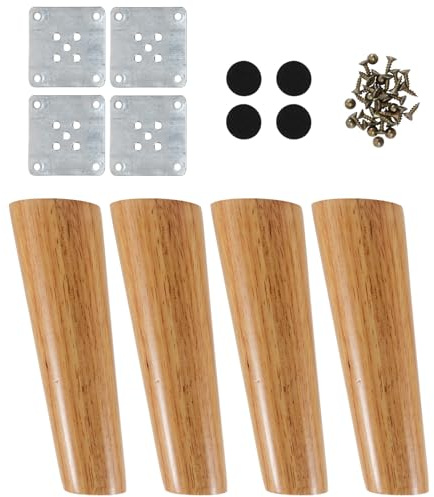 iplusmile Pieds de Meuble en Bois Massif de Caoutchouc 5X15 CM Pieds Obliques Nordiques pour Canapé et Table Lot de 4 Set de Plaques en Fer Vis et Patins de Protection pour Meubles de