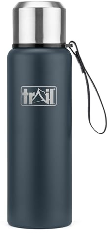 Trail Vacuum Flask with Strap, Camping & Travel, 1000ml, Dark Grey | Double-Walled Insulation, Stainless Steel, Hot 12hrs & Cold 24hrs, Twist-&-Pour Stopper, Lid Doubles as Cup, Detachable Strap