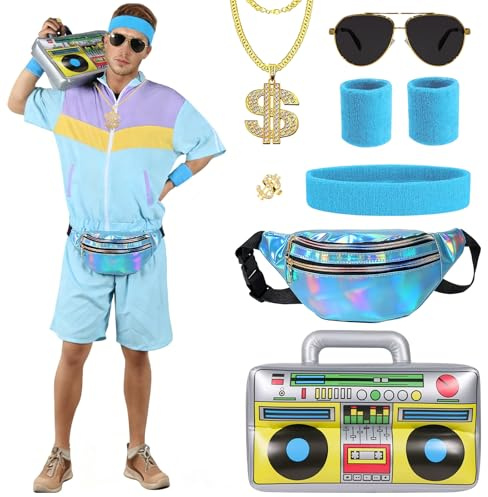 CHMMY Disfraces Años 80 Hombre Mujer Verano, Chándal Retro Corto Conjunto con Riñonera, Radio Inflable y Accesorios,Disfraz Chándal Años 80 para Rockstar Carnaval y Fiestas Temáticas (L)
