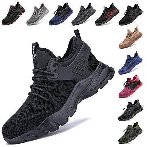 Scarpe Antinfortunistiche Uomo Donna Scarpe da Lavoro con Punta in Acciaio Scarpe da Cantiere Leggere Traspiranti Sneaker Sportive di Sicurezza Nero Blu Grigio Verde Rosa 36-48 EU Nero 46