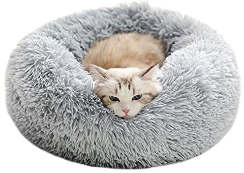 Katzenbett Hundebett Flauschig Waschbar rund Katzenkissen Hundekissen Plüsch Haustierbett Donut Hundekorb Katzenkorb für Katzen und kleine mittelgroßen Hunde (50CM, Hellgrau)