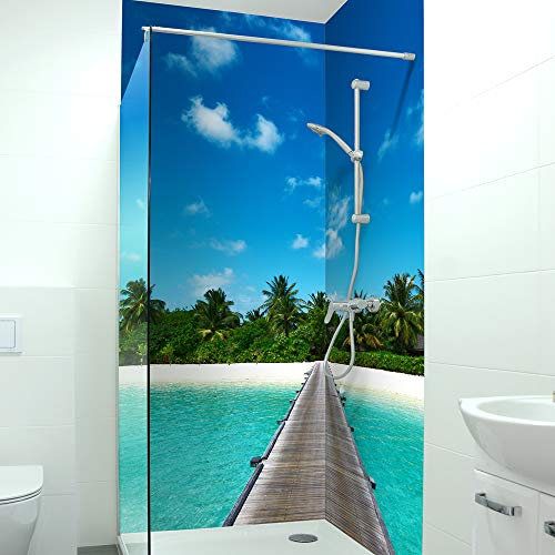 DRUCK-EXPERT Premium Duschrückwand 0,4 mm selbstklebendes Hart-PVC, Größe:2 x B 103 x H 240 cm Hochformat, Muster:Insel