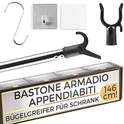 selezione100 Garderobenstock, Kleiderstange ausziehbar, Teleskopstange mit Haken, Silber, Edelstahl, glänzend, Wandmontage, 146 cm, 2.4 kg, Haken, Kleiderbügel Stick, Kleiderschrank Stange