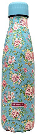 NERTHUS Fih 775 Bouteille Double Paroi Motif Petites Fleurs Vert 500 ML, Acier Inoxydable, sans Bpa, 18/8
