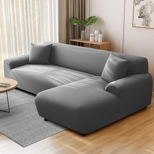 NAKIHOUSE Sofa Überwürfe Sofabezug mit einem Kissenbezug, Stretch elastische Sofahusse Sofa Abdeckung in Grau Farbe für 1/2/3/4 Sitzer(L-förmiges Ecksofa erfordert Zwei)