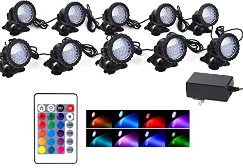 SHOYO Underwater Pond Lights, Colored Spotlight for Yard, IP68 Waterproof Spot Lights Submersible 36 LED Remote Control Multi-Color Dimmable Adjustable for Outdoor Fountain Landscape, Set of 10