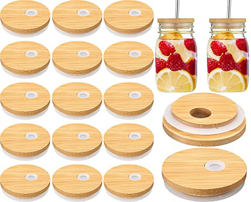 Sieral 70mm Bamboo Jar Lids with Straw Hole for Glass Cups Reusable Wooden Mason Jar Lids for Beer Can Cups 2.76inch Canning Lids with Silicone Ring for Regular Mouth Drinking Jars(30 Pcs)