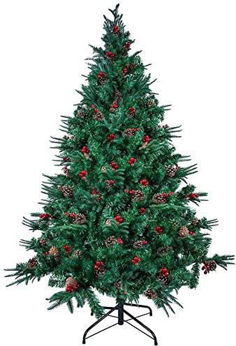 Himaly 2,1 m künstlicher Weihnachtsbaum, Premium-Scharniertanne mit Metallständer, 1000 Zweigspitzen, PVC + PE + Tannenzapfen + rote Früchte, Weihnachtsdekoration für drinnen und draußen