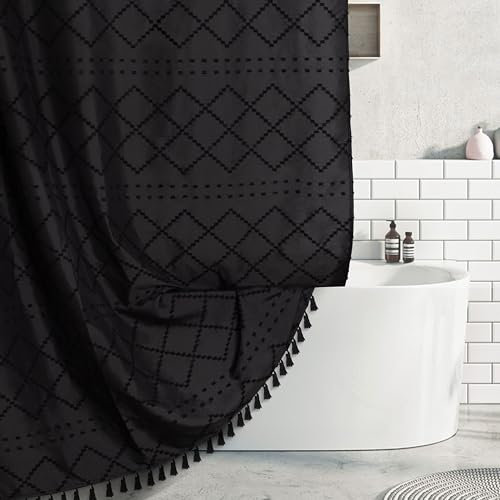 Extra langer Boho schwarzer Duschvorhang mit Quasten, 72 x 96 cm, getuftetes Chevron-gestreiftes Chenille-Gewebe, Stoff, Duschvorhang, modern, Bauernhaus, minimalistisch, Shabby Chic, strukturiert für