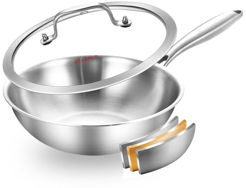 DELARLO Whole Body Tri-Ply Stainless Steel Pan 10 inch, 5 Ply Stainless Steel Woks & Stir-Fry Pans, Deep Kitchen Small Wok Pan with Lids, Induction Mini wok 10, Suitable for All Stove, Up to 650℉