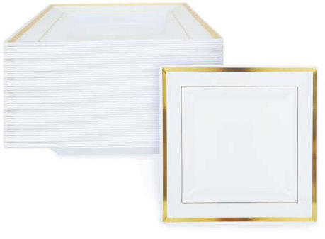 WOPPLXY 25 PCS Plastic Serving Platters - 9 Inch Party Food Trays (24CM) - White & Gold for Parties, Birthday