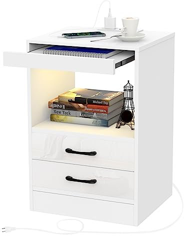 Lvhecforhm Weiß Nachttisch, Nachttische mit LED Licht 16 Farben Beleuchtung, Nachtschrank mit Steckdose und USB-Anschlüsse, Nachttisch mit Ladestationm, Nachttisch mit Schublade und Offenen Fächern
