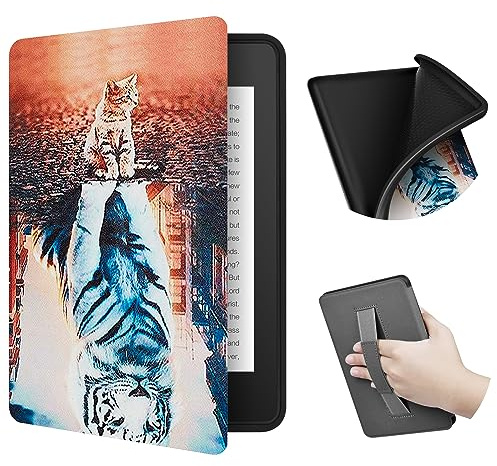 ERUNTO Custodia per il nuovissimo Kindle da 6 pollici (versione 2022), Cover in TPU con trama in tessuto e cintura sul retro, Cover magnetica con funzione sveglia/sonno intelligente(Cat)