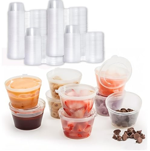 Clearly | 50 Hinged 2oz Disposable Or Reusable Leak Proof Clear Deli Sauce Pots/Containers with Hinged Lids Store Chutney Slime Dressings Sauces Dips - Dishwasher, Microwave, Freezer, & Food Safe