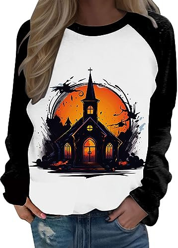Halloween Pullover Damen Langram Damen-Kapuzenpullover mit Halloween-Motiv, modisch, lässig, langärmelig, Reißverschluss, Rundhalsausschnitt Bademantel Damen Mit Reißverschluss Ohne (Black, XXL)