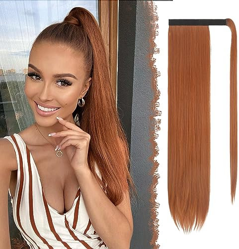 FESHFEN Lang Glattes Pferdeschwanz Haarteil Synthetik Haarverlängerung Zopf Haar Extension für Damen Mädchen, Kupferrot 60 cm