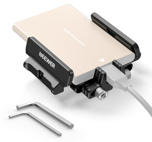 NEEWER Halterung SSD Halterung Aluminium, mit Cold Shoe, Kabelklemme, 1,6-2,6/40mm-65mm, kompatibel mit Samsung T5 T7 SSD SanDisk, kompatibel mit SmallRig Cage für BMPCC 4K 6K für Sigma FP, UA035