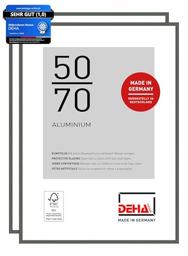 DEHA Design Bilderrahmen, 50 x 70 cm (2er Set), Aluminium, Grau matt, Posterrahmen zum Aufhängen im Hoch- & Querformat, bruchsicheres Kunstglas, Boston