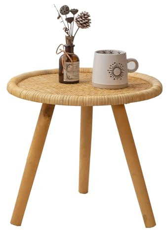 HuiDao Runder Rattan-Couchtisch, Boho-Kreis, Beistelltisch für Wohnzimmer, kleiner Mid-Century-Akzenttisch für Schlafzimmer, Balkon, ET-T01