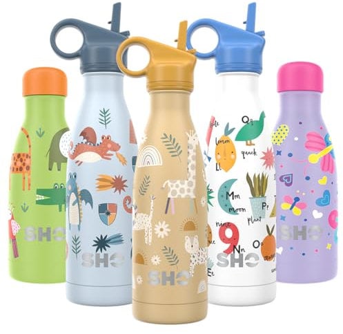 SHO Kinderflasche – Original 2.0 – ultimative isolierte, doppelwandige Edelstahl-Isolierflasche und Wasserflasche – 12 Stunden heiß und 24 Stunden kalt – 260 ml – BPA-frei (375 ml, Regenbogentiere mit