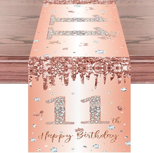 Tischläufer 11. Geburtstag Mädchen Roségold Happy 11th Birthday Tischband zum 11. Geburtstag Ihr Geburtstag Jahrestag Feier Party Dinner Tisch Leinen Tuch Tischdecke Deko für Zuhause, 180x35 cm Lang