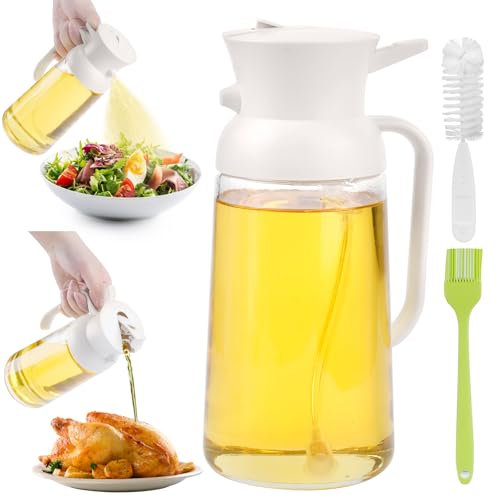PUWOWYE 550ML Aceitera Spray Pulverizador, Spray Aceite Cocina 2 en 1, Pulverizador Aceite Spray Cristal, con Pincel Cocina Silicona y Cepillo para Botellas, Blanco