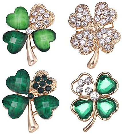 EULAPGOE 4 Stück Grüne Strassbrosche, Vierblättriges Kleeblatt Brosche, Legierungs-Kristall-Schal-Clip, Kristallbrosche, Weihnachtsbrosche, Brosche Symbol des Glücks für Frauen, Mädchen, Hochzeit
