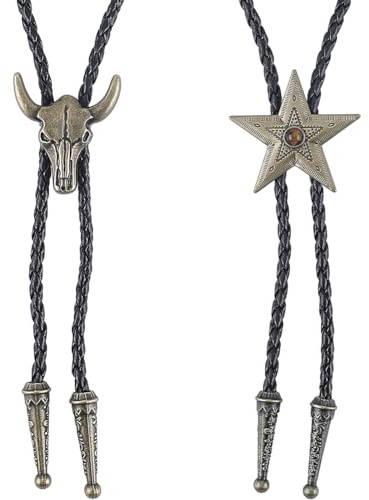 GORGECRAFT 2 Stil Bolo Tie Vintage Verstellbar Kuhkopf Bronze Unisex Western Leder Rodeo Krawatte Tier Halskette Cowboy Kuhschädel Krawatten Für Herren Halloween Partys Freizeitkleidung Kostüm Zubehör