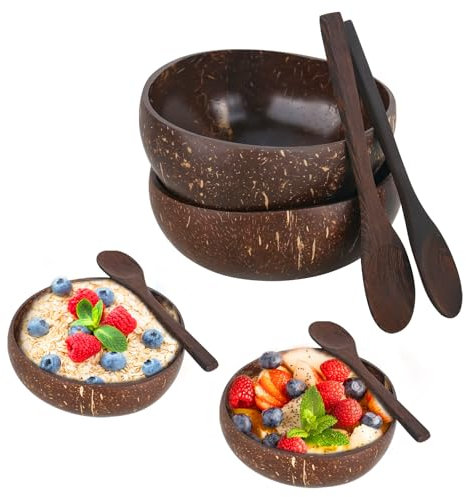 smtfcty Lot de 2 bols en noix de coco avec cuillère en noix de coco - Grand bol à smoothie naturel fait à la main - Bols à céréales / bols à salade pour la maison