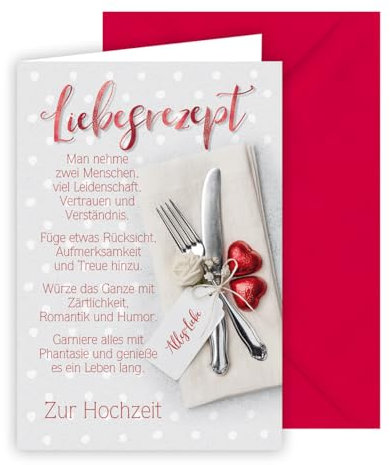 KE - Kreative Hochzeitskarte, Geschenk zur Hochzeit, Vermähling, Format B6, inkl. Umschlag, Druckmotiv, Motiv: Liebesrezept, Besteck, Herzen